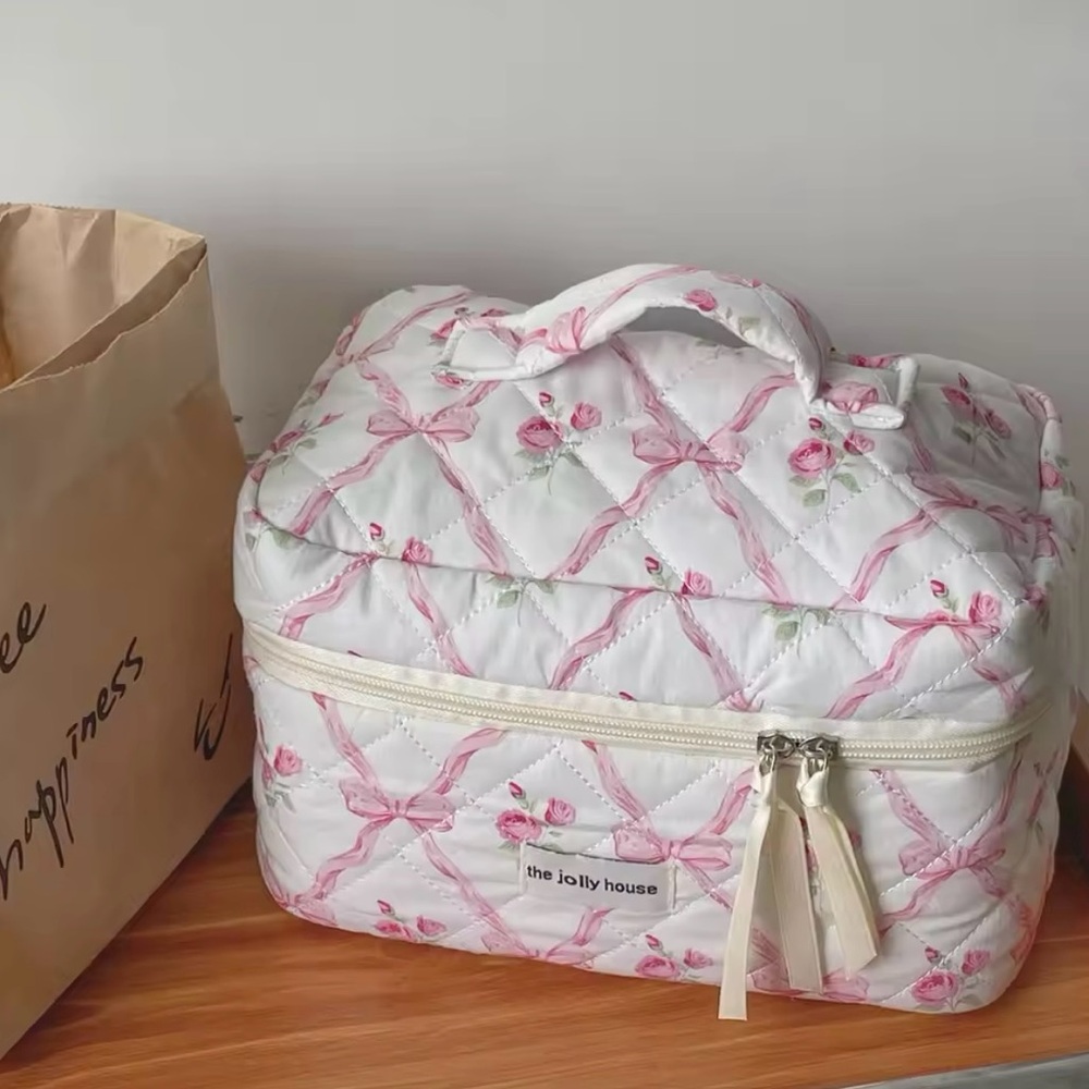 Bow Flower Quilted Makeup bag